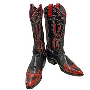 Vintage‎ Dan Post Black Leather Red Inlaid Leather Cowgirl Boots